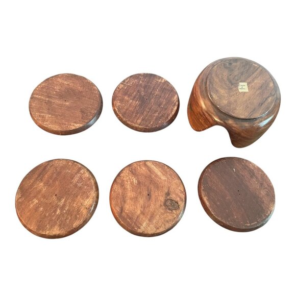 Vtg Teak Wood Coaster Set Brass Inlay Caddy & Hand-Carved Coasters 3 3/8" India - Picture 4 of 14